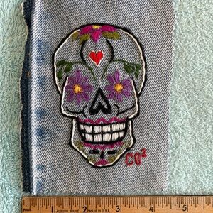 Embroidered Día de los Muertos Skull Patch on Denim, signed CO2 (Chaos & Order)